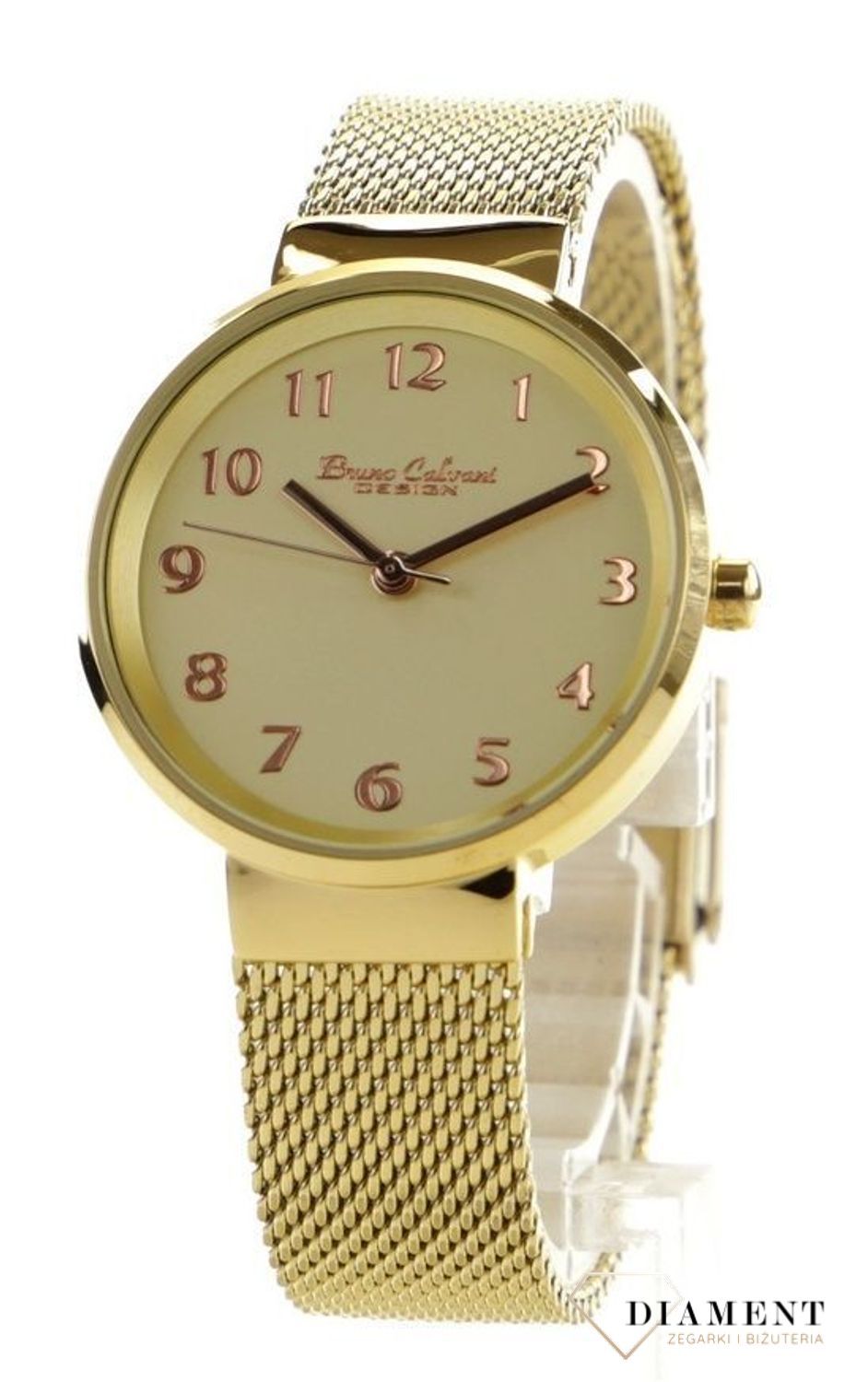 Zegarek damski na złotej bransolecie Bruno Calvani BC9454 GOLD. Zegarek damski na złotej bransolecie wyposażony jest w kwarcowy mechanizm, zasilany za pomocą baterii. Zegarek posiada najbardziej charakterystyczny rodzaj bransolety- bransoletę m.jpg